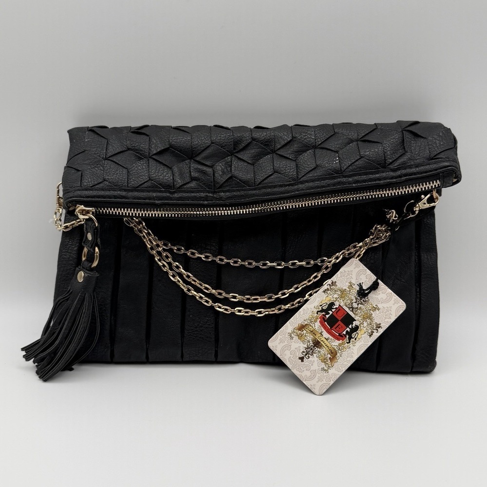 Urban Expressions Black Pleated Foldover Clutch Vegan Leather
